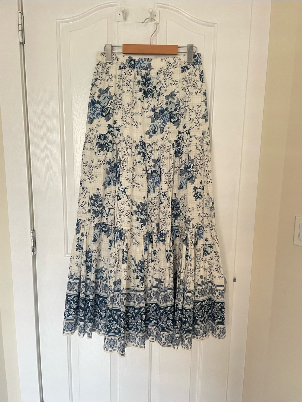 Zara White Maxi Skirt with Blue Floral Print, NEW